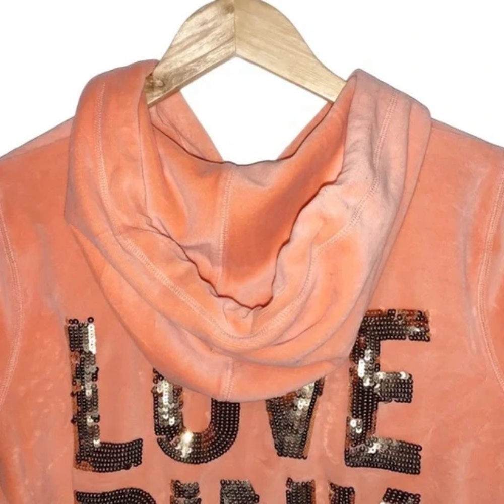 Love Pink Gold Sequin Text Back Victoria’s Secret Orange Velour Hoodie Size L - Picture 3 of 6